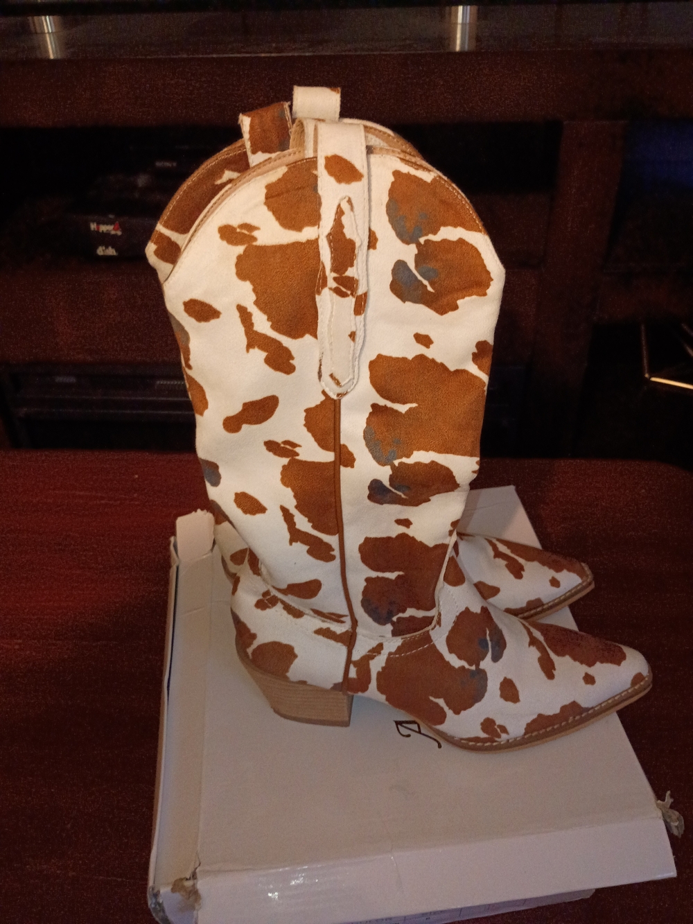 Cowhide-Print Western Pull-On Boots for Women - White & Brown